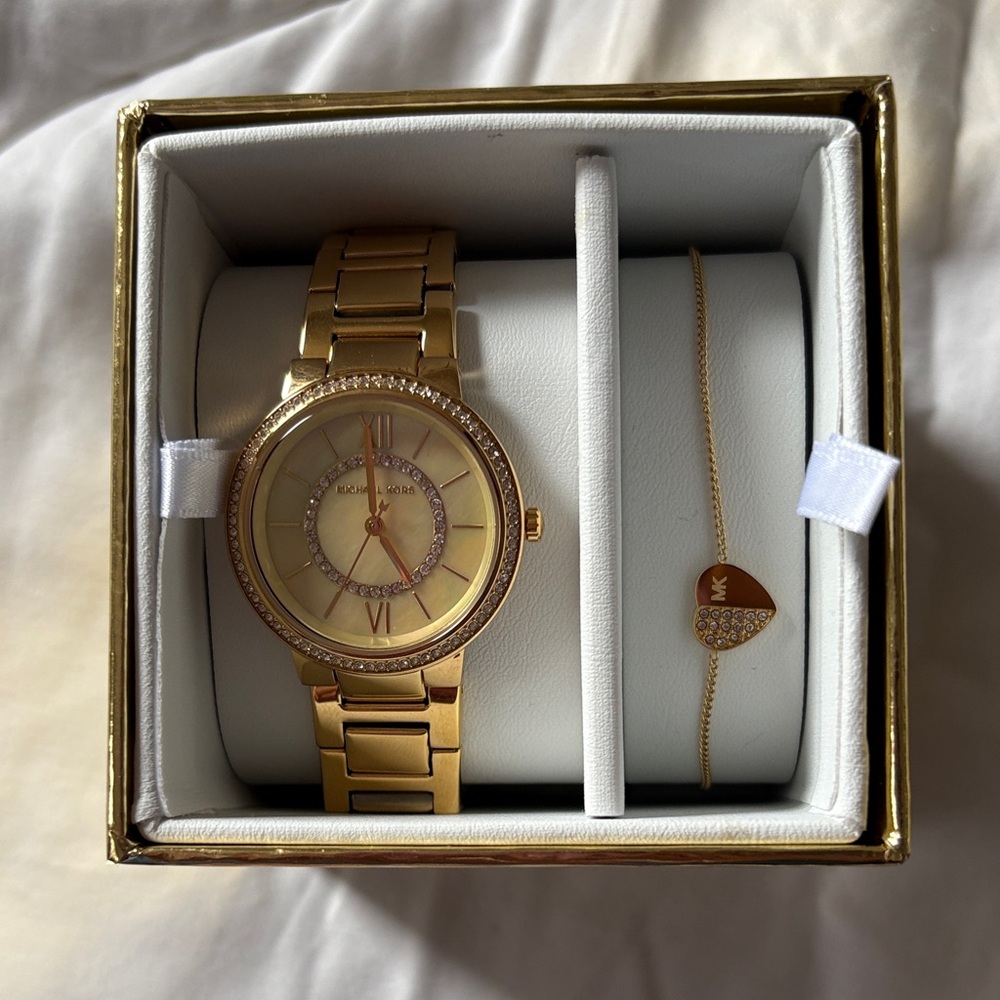 Michael Kors Gold Watch and Heart Bracelet Set